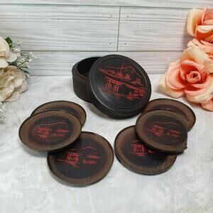 Vintage '60s MCM Japanese Carved Wood Coaster Set w/Matching Box *1 is Chipped*